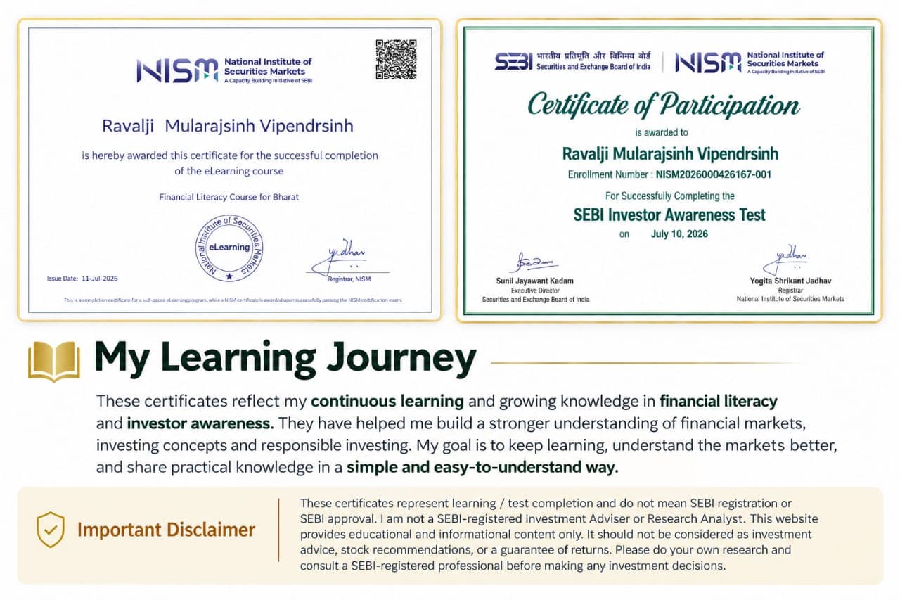 Two certificates for Ravalji Mularajsinh Vipendrsinh: NISM Financial Literacy Course for Bharat, and the SEBI Investor Awareness Test certificate of participation