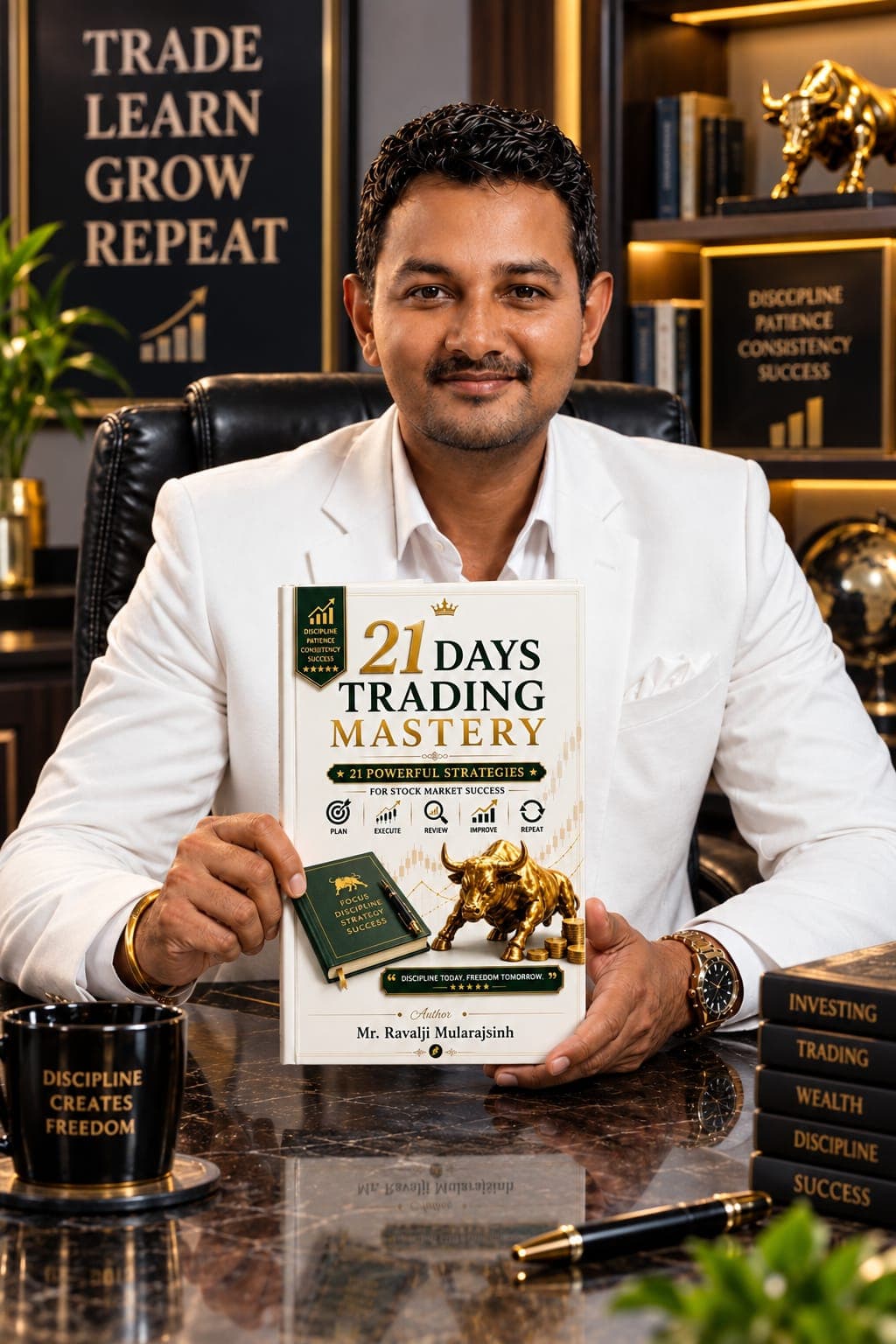 Mularajsinh Ravalji in a white blazer holding the 21 Days Trading Mastery book at his desk